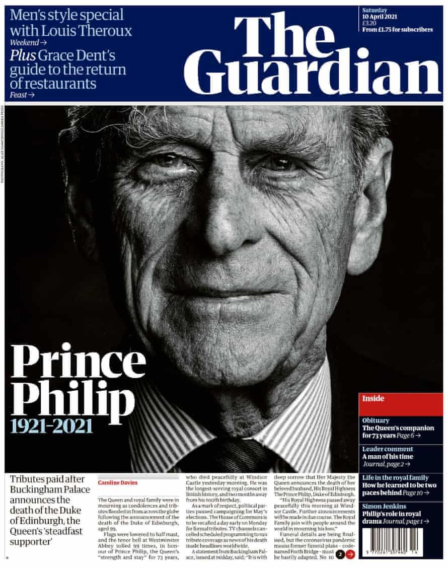 La Une du Guardian après le décès du prince Philip. [DR - Guardian]