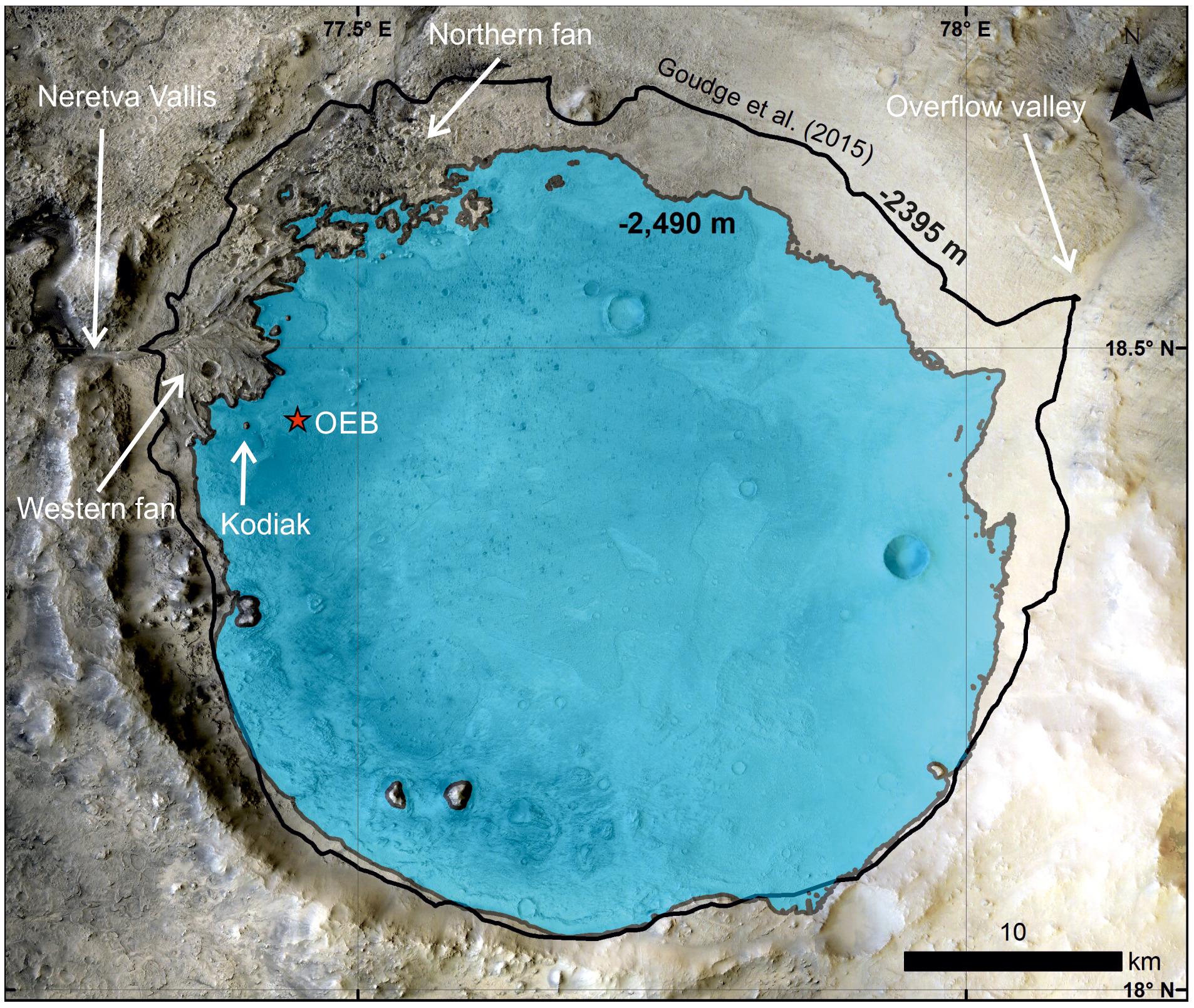 Une projection de l'ancien lac présent dans le cratère de Jezero, à l'époque du dépôt des sédiments "Kodiak" analysés par Perseverance. L'étoile rouge indique le site d'atterrissage du rover. [Science]
