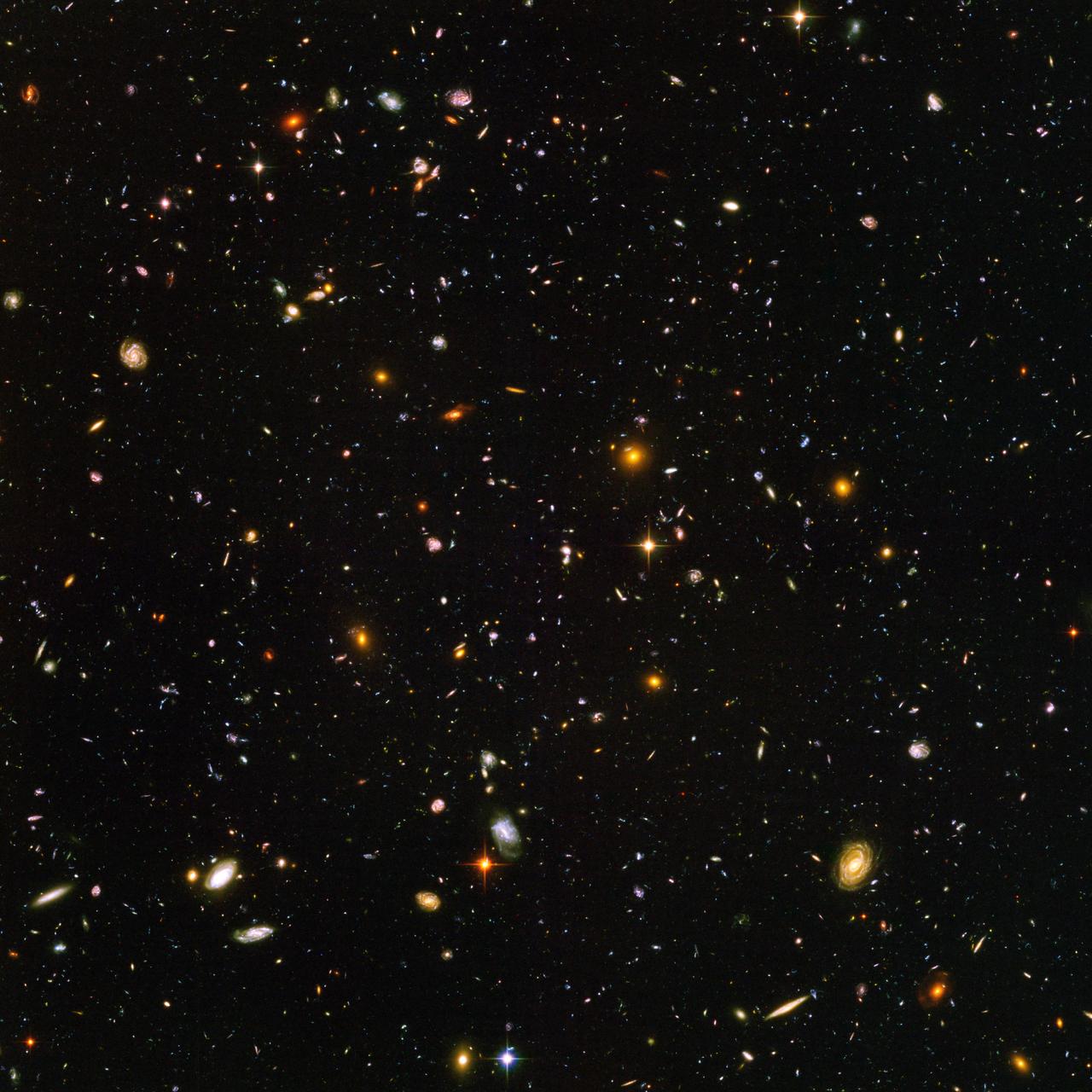 Cette vue de près de 10'000 galaxies est appelée le "Hubble Ultra Deep Field". L'instantané comprend des galaxies d'âges, de tailles, de formes et de couleurs variées. Les galaxies les plus petites et les plus rouges, environ 100, pourraient être parmi les plus lointaines connues, existant lorsque l'Univers n'avait que 800 millions d'années. Les galaxies les plus proches – les spirales et les elliptiques plus grandes, plus brillantes et bien définies – se sont développées il y a environ 1 milliard d'années, lorsque le Cosmos avait 13 milliards d'années.L'image a nécessité 800 expositions prises au cours de 400 orbites de Hubble autour de la Terre. La durée totale d'exposition a été de 11,3 jours, entre le 24 septembre 2003 et le 16 janvier 2004. [NASA/ESA - S. Beckwith (STScI) and the HUDF Team]