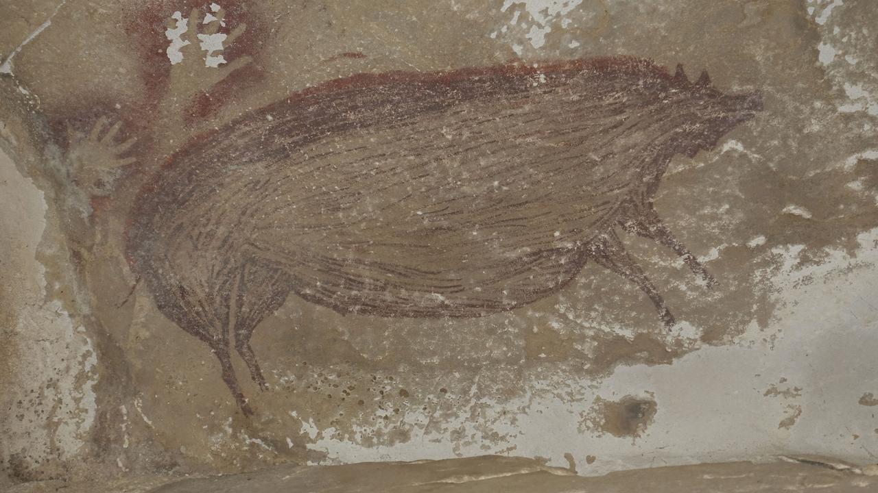 Cette peinture rupestre a été découverte sur l'île de Sulawesi en Indonésie en 2017. Elle daterait d'au moins 45'500 ans et serait la plus vieille peinture retrouvée dans le monde. [Griffith University/AFP - Maxime AUBERT]