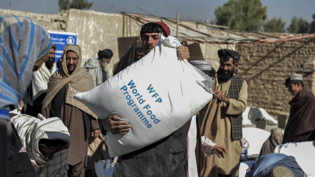 Des Afghans portent des sacs de céréales distribués à titre d'aide par le Programme alimentaire mondial (PAM) à Kandahar, en Afghanistan. [AFP - Javed Tanveer]