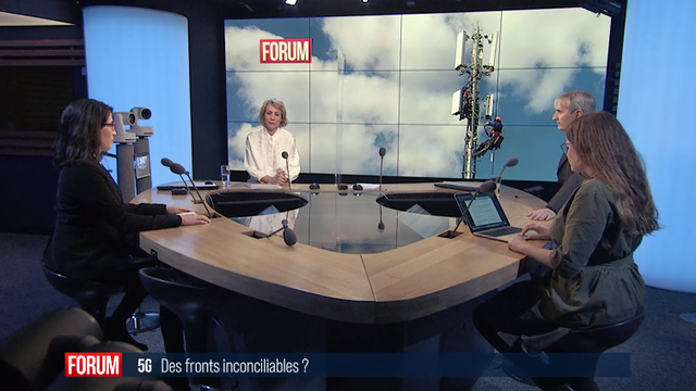 Débat entre Camille Selleger, avocate, membre du parti socialiste genevois, et membre de l'association STOP 5G, Johanna Gapany, conseillère aux Etats PLR fribourgeoise, membre du comité Chance 5G, Peter Gruetter, président de l'Association Suisse des Télécoms et Enrico Stura, ingénieur en électronique avec expertise en champs électromagnétiques, docteur de recherche en biophysique moléculaire. [RTS]