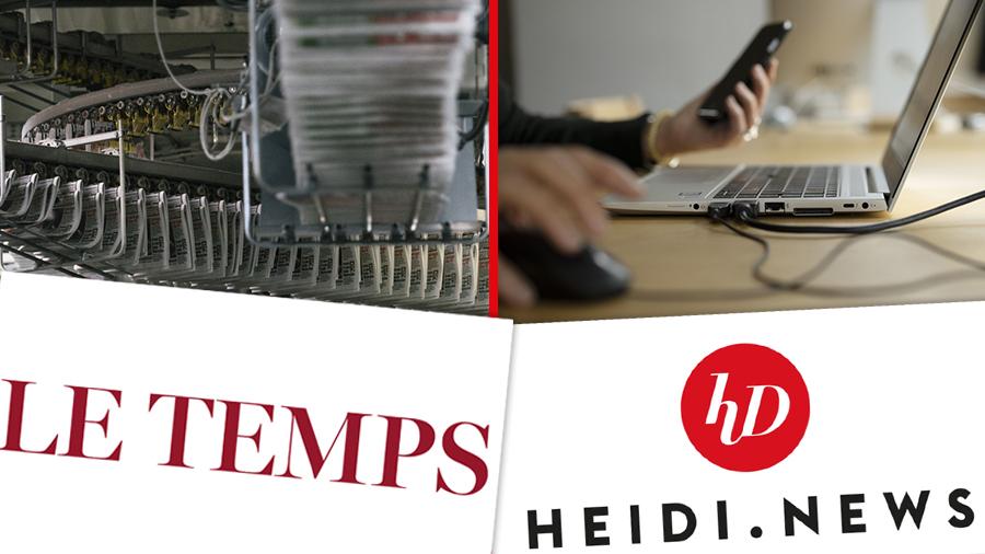 Les logos du Temps et de Heidi.news. [Keystone - Christian Beutler]