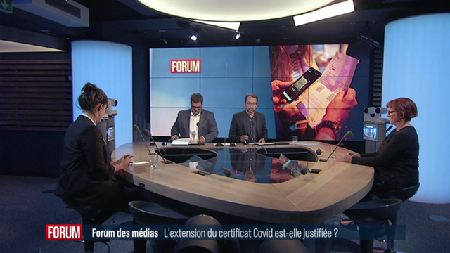 Débat entre Annick Chevillot, rédactrice en chef adjointe du site d’information Heidi.news, Muriel Ballaman, correspondante au Palais fédéral pour la RTS radio, et Léa Frischknecht, journaliste à la Tribune de Genève. [RTS]