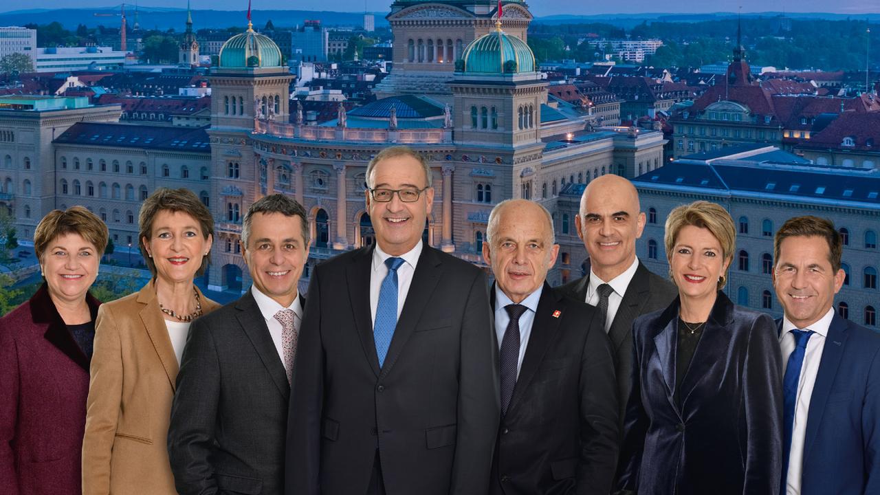 La photo officielle du Conseil fédéral pour 2021, année de la présidence de Guy Parmelin. [Chancellerie fédérale - MARKUS A. JEGERLEHNER]