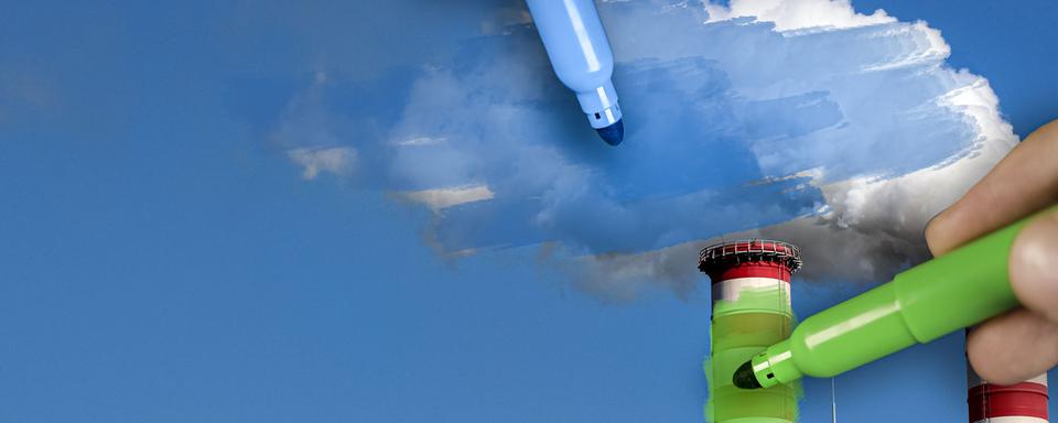 Deux mains colorient en bleu et vert une cheminée d'usine et sa fumée. [Depositphotos - tbtb]