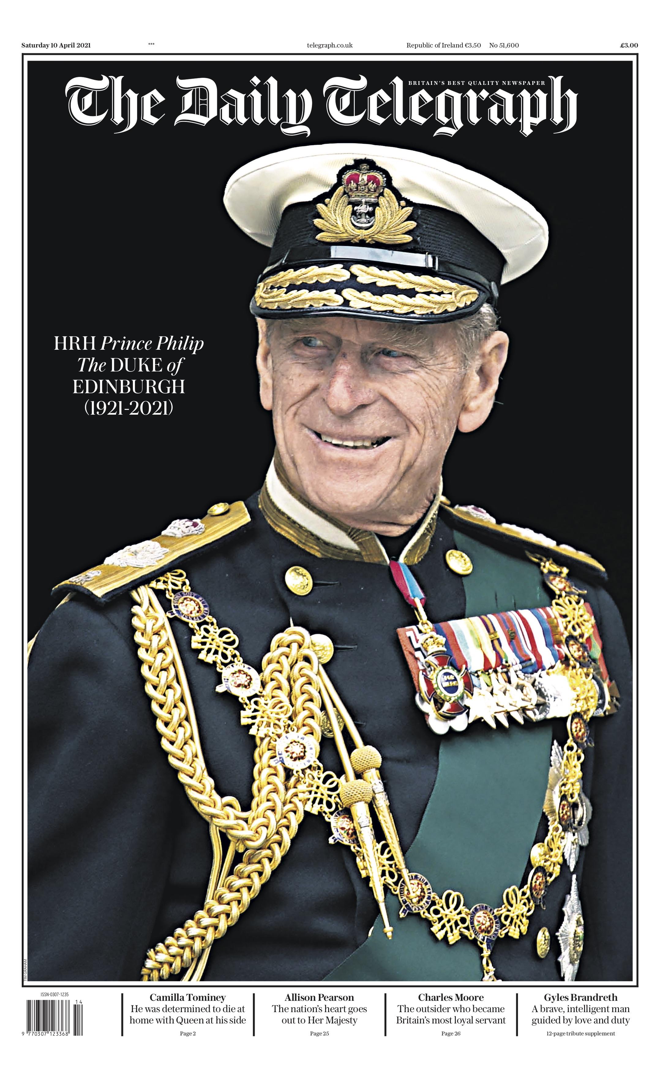 La Une du Daily Telegraph après le décès du prince Philip. [DR - Daily Telegraph]