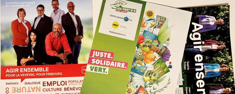 Des flyers électoraux du PS et des Verts à Fribourg.