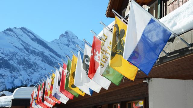 Drapeaux des cantons suisses sur fond de montagnes enneigées. [Depositphotos - happyalex]