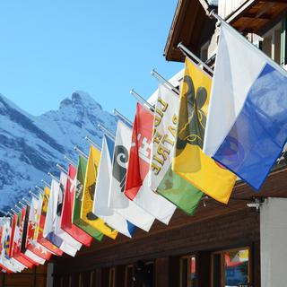 Drapeaux des cantons suisses sur fond de montagnes enneigées. [Depositphotos - happyalex]