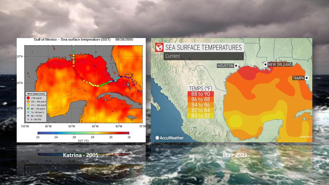 Température à la surface du golfe du Mexique en août 2005 à gauche, et en août 2021 à droite. [ECMWF/Accuweather]