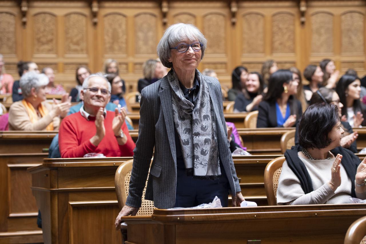 L'ex-conseillère nationale Gabrielle Nanchen de retour sur les bancs de la Chambre basse en 2019 à l'occasion de la journée "Professions: les femmes peuvent tout faire". [Keystone - Anthony Anex]