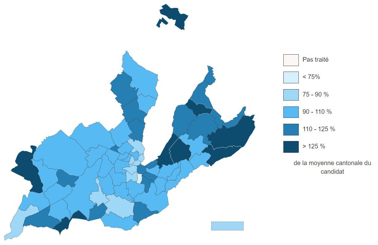 La répartition des suffrages allant à Pierre Maudet (Libertés et justice sociale). Le rectangle du bas représente le vote des Suisse.sse.s de l'étranger. [ge.ch - Chancellerie de Genève]