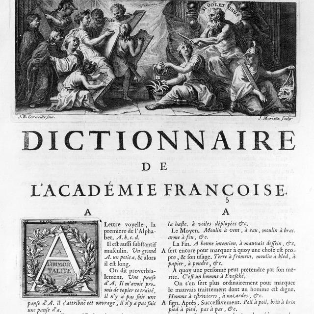 Tribu 30.08.21: La langue française en péril? - Page du dictionnaire de l'académie française. [AFP - Leemage]