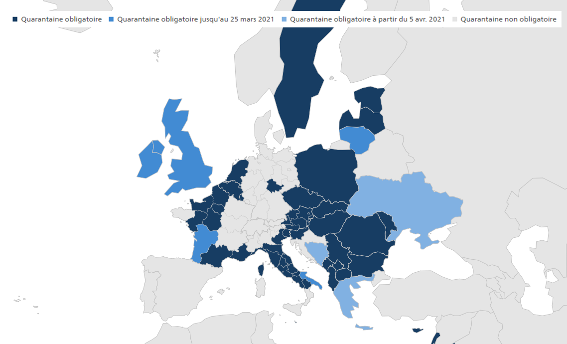 La carte des Etats européens figurant sur la liste des pays présentant un risque de coronavirus (état au 24.03.2021). [OpenStreetMap 2020 - Office fédéral de la santé publique]