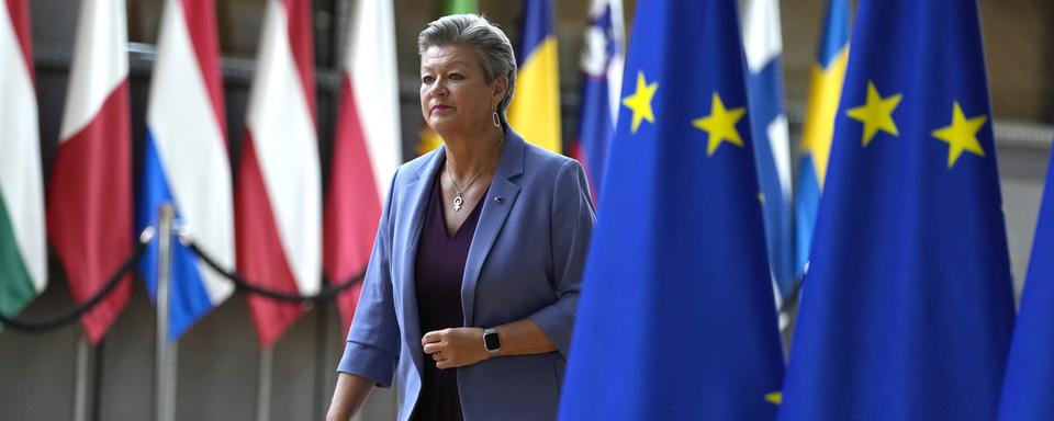 La commissaire aux Affaires intérieures de l'UE, Ylva Johansson, arrive à la réunion des ministres de l'Intérieur des 27 consacrée à l'Afghanistan. Bruxelles, le 31 août 2021. [Keystone/AP photo - Virginia Mayo]