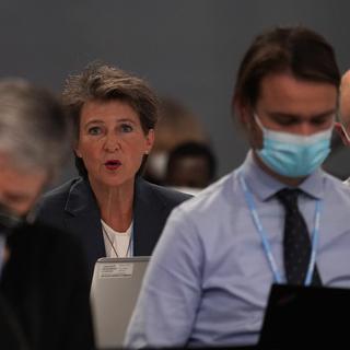 Simonetta Sommaruga, membre du Conseil fédéral suisse, s'exprime lors d'une session plénière du sommet climatique de l'ONU COP26 à Glasgow, en Écosse, vendredi 12 novembre 2021. [AP Photo/Keystone - Alberto Pezzali]
