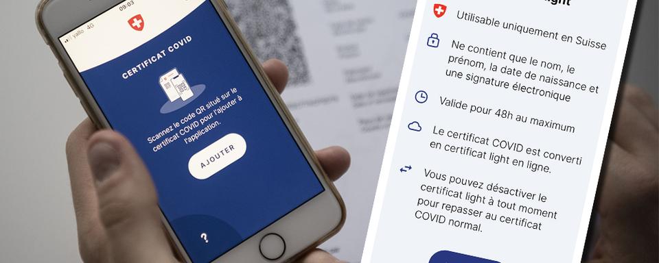 Le certificat light peut être généré depuis l'application Covid Certificate et ne continent aucune donnée sur la santé de l'utilisateur. [Keystone - Christian Beutler]