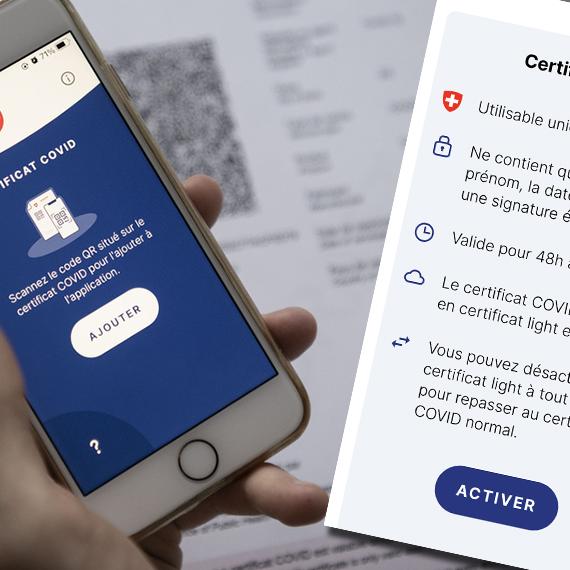 Le certificat light peut être généré depuis l'application Covid Certificate et ne continent aucune donnée sur la santé de l'utilisateur. [Keystone - Christian Beutler]