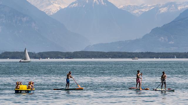 Des paddlers sur le Léman, à Vevey. [Keystone - Jean-Christophe Bott]