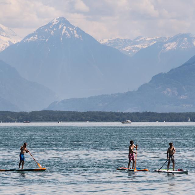 Des paddlers sur le Léman, à Vevey. [Keystone - Jean-Christophe Bott]