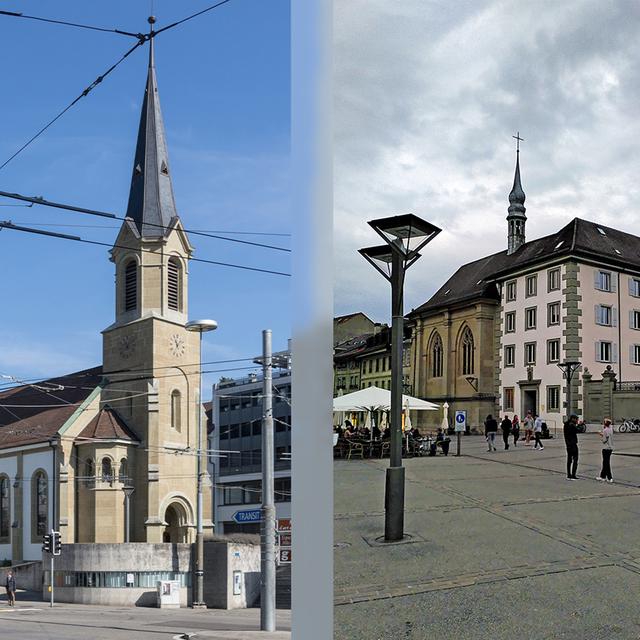Temple et Eglise Ste Ursule, Fribourg.
Photo transmise par Grégory Roth pour l'émission Célébratio oecuménique du 05.09.21 [Wikimedia - J. K. Bremen / G. Roth]
