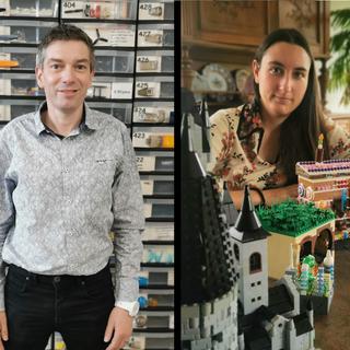 Christophe Durussel dans sa boutique de lego et Cyrielle Froidevaux devant ses créations en lego. [RTS - Jérôme Zimmermann]