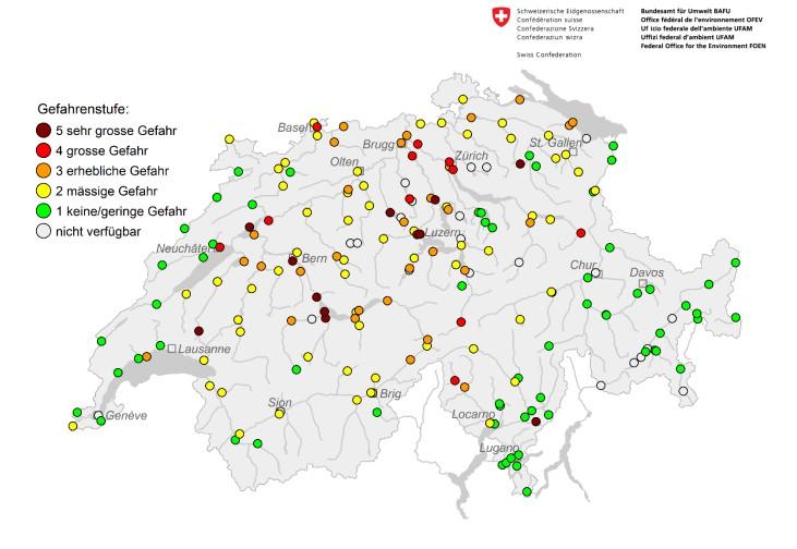 La situation des inondations dans les cours d'eau et les lacs suisses entre le 8 et le 20 juillet 2021. [OFFICE FÉDÉRAL DE L'ENVIRONNEMENT]