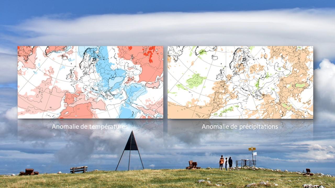 Anomalies de températures (froides en bleu, chaudes en rouge) et de précipitations (excédentaires en vert, déficitaires en rouge-orange) prévues par le Centre Européen (ECMWF) du 7 au 14 juin. [ECMWF - Olivier Roux]