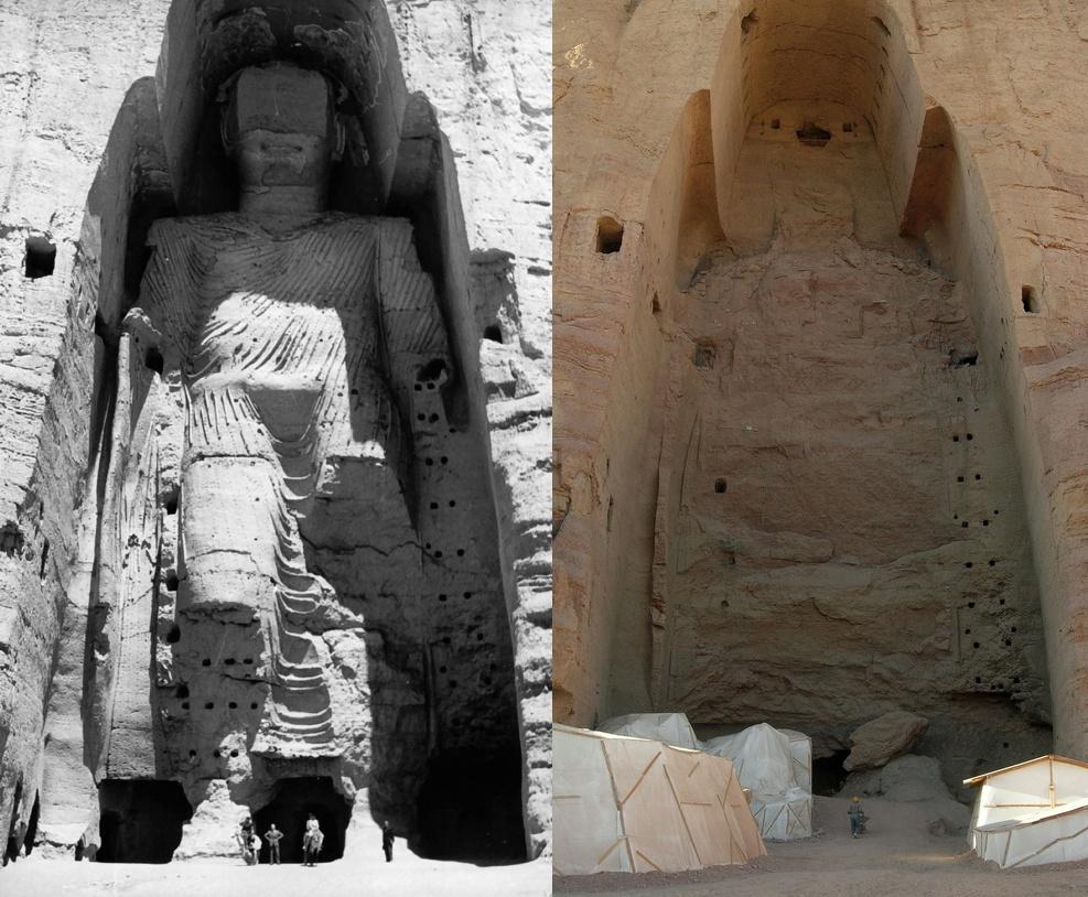 Le plus grand des bouddhas de Bamiyan, avant (1963) et après sa destruction. [CC BY-SA 3.0 - UNESCO/A Lezine]