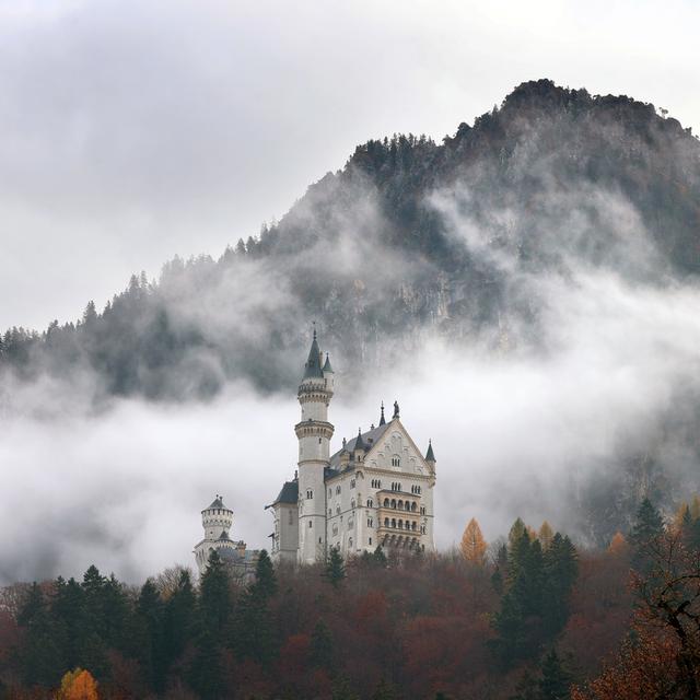 Le féerique château du Neuschwanstein, en Bavière, dans la brume automnale (18.11.21). [Keystone - DPA/Karl-Josef Hildenbrand]