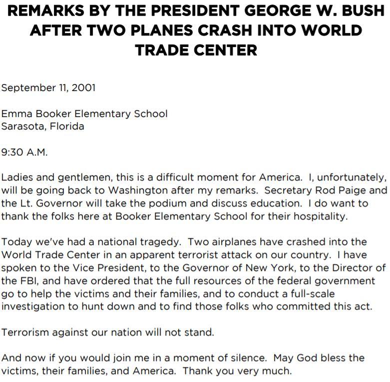 Le premier discours de George W.Bush après les attentats. [White House Archive]