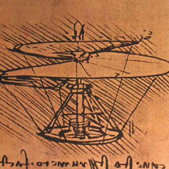 Léonard de Vinci étudia entre 1486 et 1490 la "vis volante", aussi appelée hélice volante" par les chercheurs. La découverte de ce croquis - à la fin du XIXe siècle dans les documents du maître - fait que la paternité de l'hélicoptère lui est parfois attribuée. Il ne s'agit pourtant que de la reprise d'un dessin issu du traité "De ingeneis" de Mariano di Jacopo, paru en 1431. [DP]