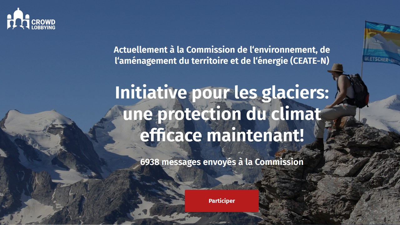 Capture d'écran du site de "crowd lobbying" visant à défendre l'initiative sur les glaciers. [gi.crowdlobbying.ch]