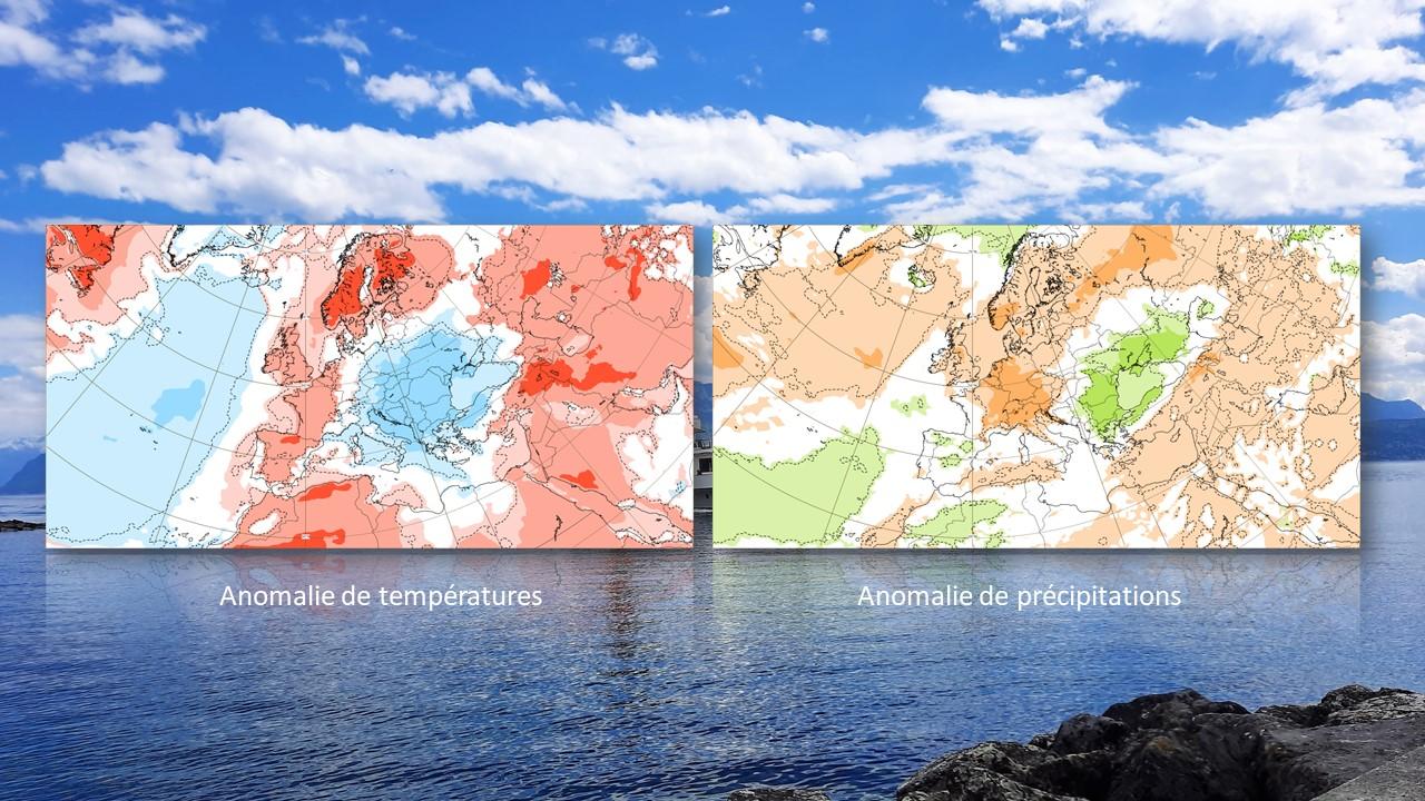 Anomalies de températures (froides en bleu, chaudes en rouge) et de précipitations (excédentaires en vert, déficitaires en rouge-orange) prévues par le Centre Européen (ECMWF) du 31 mai au 6 juin. [ECMWF - Marie-Louise Giroud]