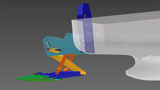 La taille du foil (en vert) est adaptée à celle du navire et peut atteindre 25m de long sur 10m de large. [Blue Fins]