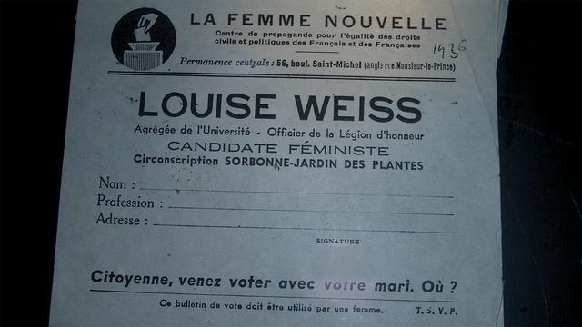 Bulletin de vote de propagande pour Louise Weiss, publié par le mouvement féministe La Femme Nouvelle et réservé aux citoyennes. [Wikimédia/Musée de Savernes - Gilles PESENTI]