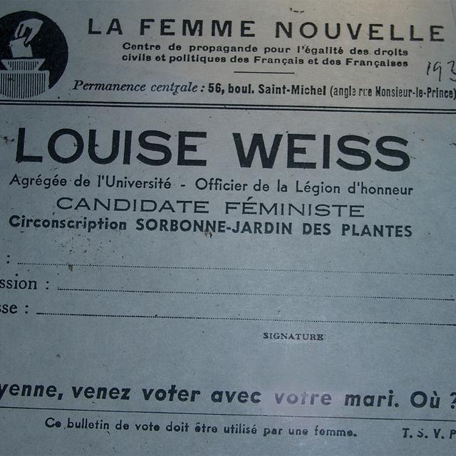 Bulletin de vote de propagande pour Louise Weiss, publié par le mouvement féministe La Femme Nouvelle et réservé aux citoyennes. [Wikimédia/Musée de Savernes - Gilles PESENTI]