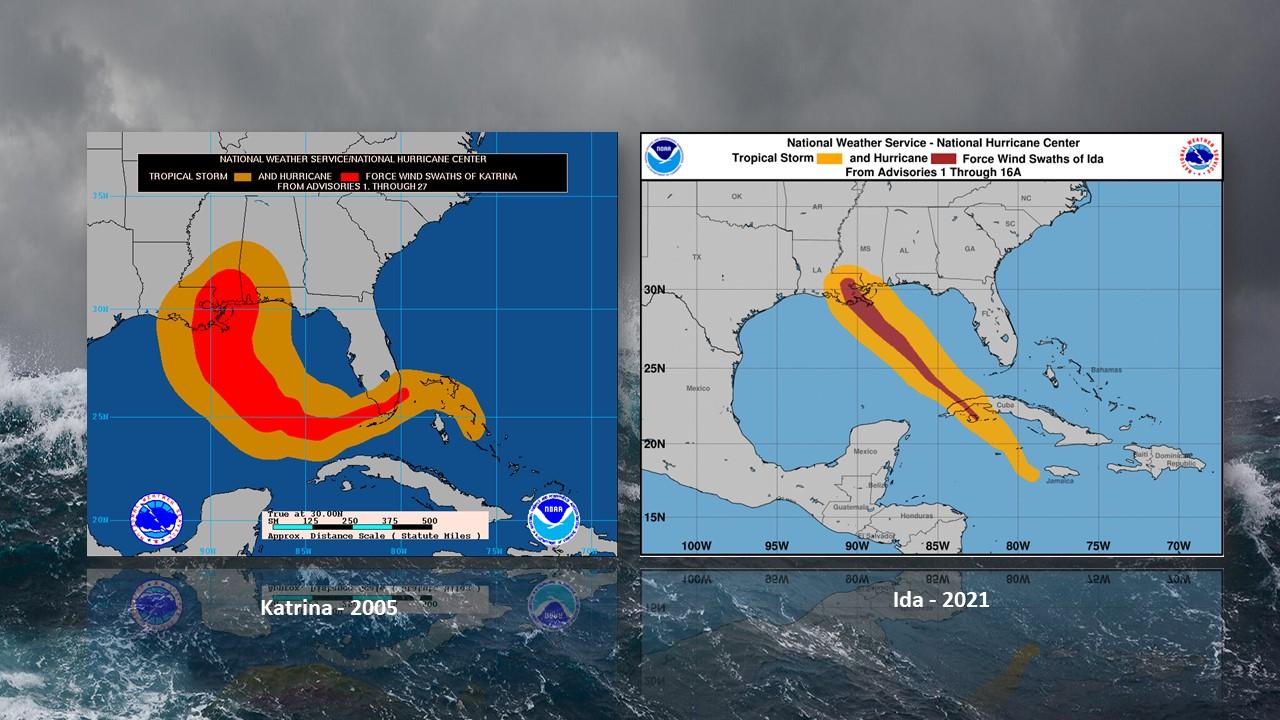 Intensité des vents et trajectoire de Katrina et d'Ida [National Hurricane Center - Miami]