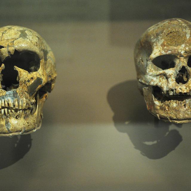 Le crâne d'un Néandertalien (à gauche) et celui d'un Homo sapiens, au Museum National d'Histoire Naturelle de Washington, le 17 mars 2010. [AFP - Mandel Ngan]