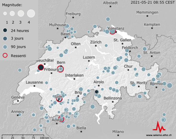 La carte des séismes en Suisse du SED, le 21 mai 2021. [EPFZ]