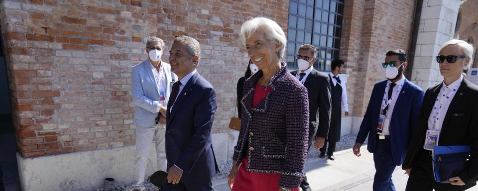 La présidente de la la Banque centrale européenne Christine Lagarde arrive à Venise pour participer au G20. [Keystone - Luca Bruno]