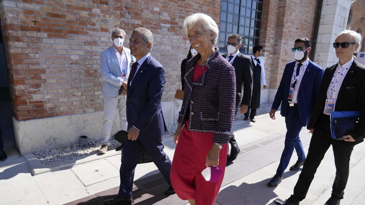 La présidente de la la Banque centrale européenne Christine Lagarde arrive à Venise pour participer au G20. [Keystone - Luca Bruno]
