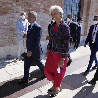 La présidente de la la Banque centrale européenne Christine Lagarde arrive à Venise pour participer au G20. [Keystone - Luca Bruno]