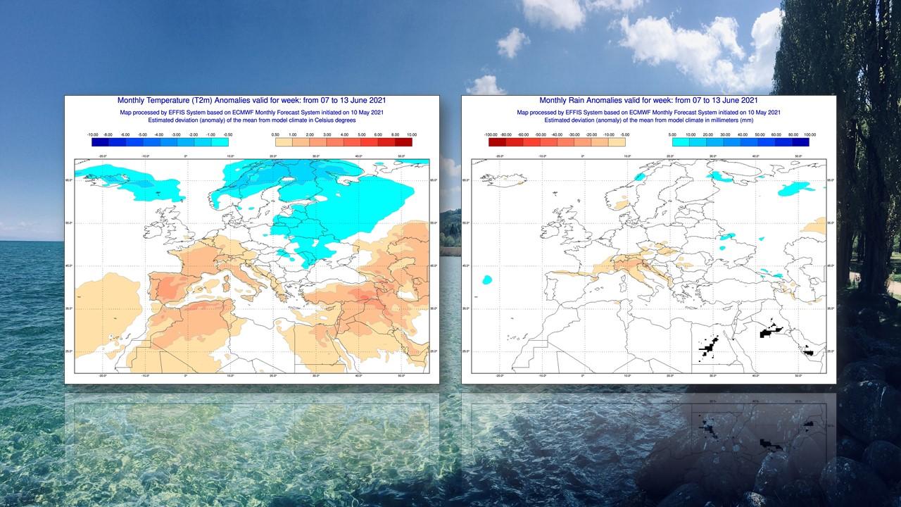 Anomalies de températures (à gauche) et de précipitations (à droite) prévues par le centre européen (ECMWF) du 7 au 13 juin 2021 [ECMWF - Gilles Simond]