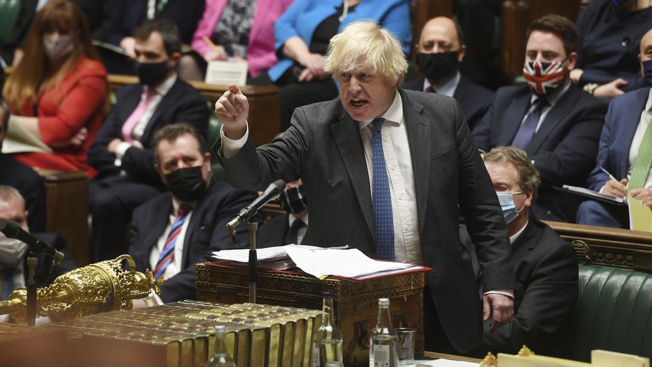 Boris Johnson devant la Chambre des communes, 15.12.2021. [UK Parliament/AP/Keystone - Jessica Taylor]