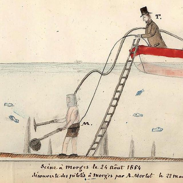 Première plongée historique, le 24 août 1854 à Morges, sur la station de la Grande-Cité, réalisée par Adolf Morlot, géologue. Il était assisté par Frédéric Troyon, conservateur du Musée des antiquités et par Auguste Forel, membre de l'illustre famille d'historiens et naturalistes. [Bernisches Historisches Museum - Stefan Rebsamen]