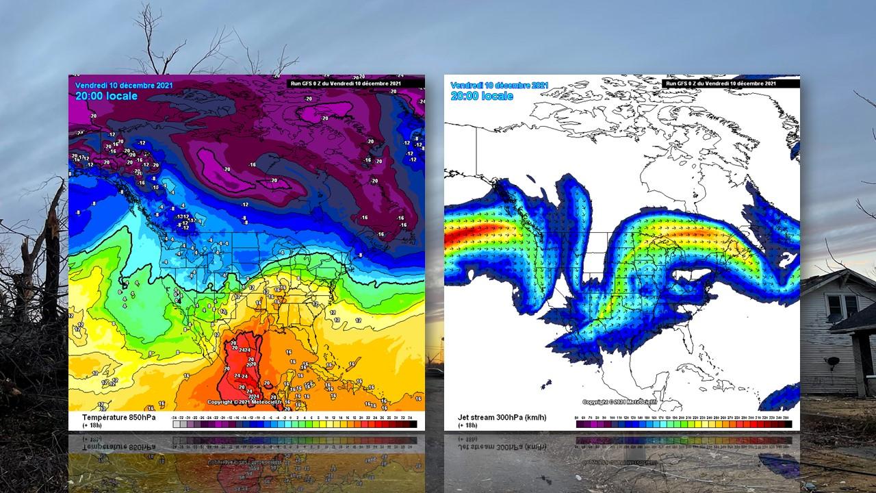 Températures à 850 hPa (1500m) et position du jet stream sur les Etats-Unis le 10 décembre 2021 [GFS/Meteociel - Jordan Davis]