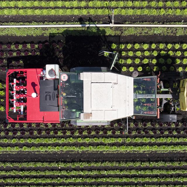 Vue de haut d'un tracteur dans un champ. [Keystone - Anthony Anex]