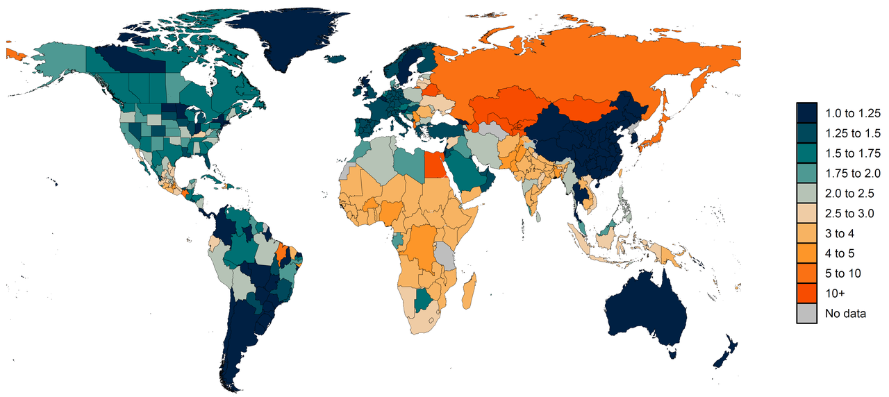 Carte du rapport prédit du nombre total de décès dus au Covid-19 aux décès déclarés au Covid-19, de mars 2020 à mai 2021. [www.healthdata.org - Dr. Christopher Murray, IHME]